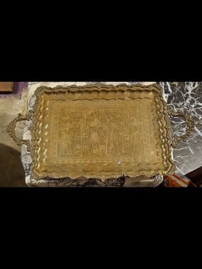 Source Unknown Gold-Tone Decorative Egyptian Motif Serving Tray